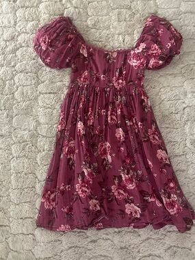 Altar'd State Berry Floral Puff-Sleeve Dress